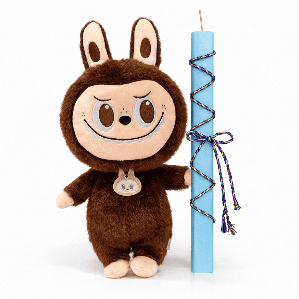 3-1 Σετ Πασχαλινής Λαμπάδας 30εκ με Labubu Καφέ & Γαλάζιο Πλακέ Κερί - Image 1