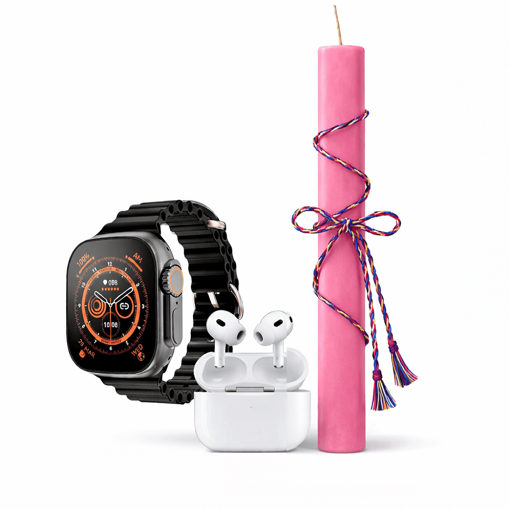 30-2 Σετ Πασχαλινής Λαμπάδας με Smartwatch Μαύρο Νέας Γενιάς, Ασύρματα Ακουστικά Bluetooth & 7 Λουράκια – Ροζ Λαμπάδα 30cm - Image 1