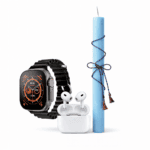 Σετ Πασχαλινής Λαμπάδας με Smartwatch Μαύρο Νέας Γενιάς, Ασύρματα Ακουστικά Bluetooth & 7 Λουράκια – Γαλάζια Λαμπάδα 30cm