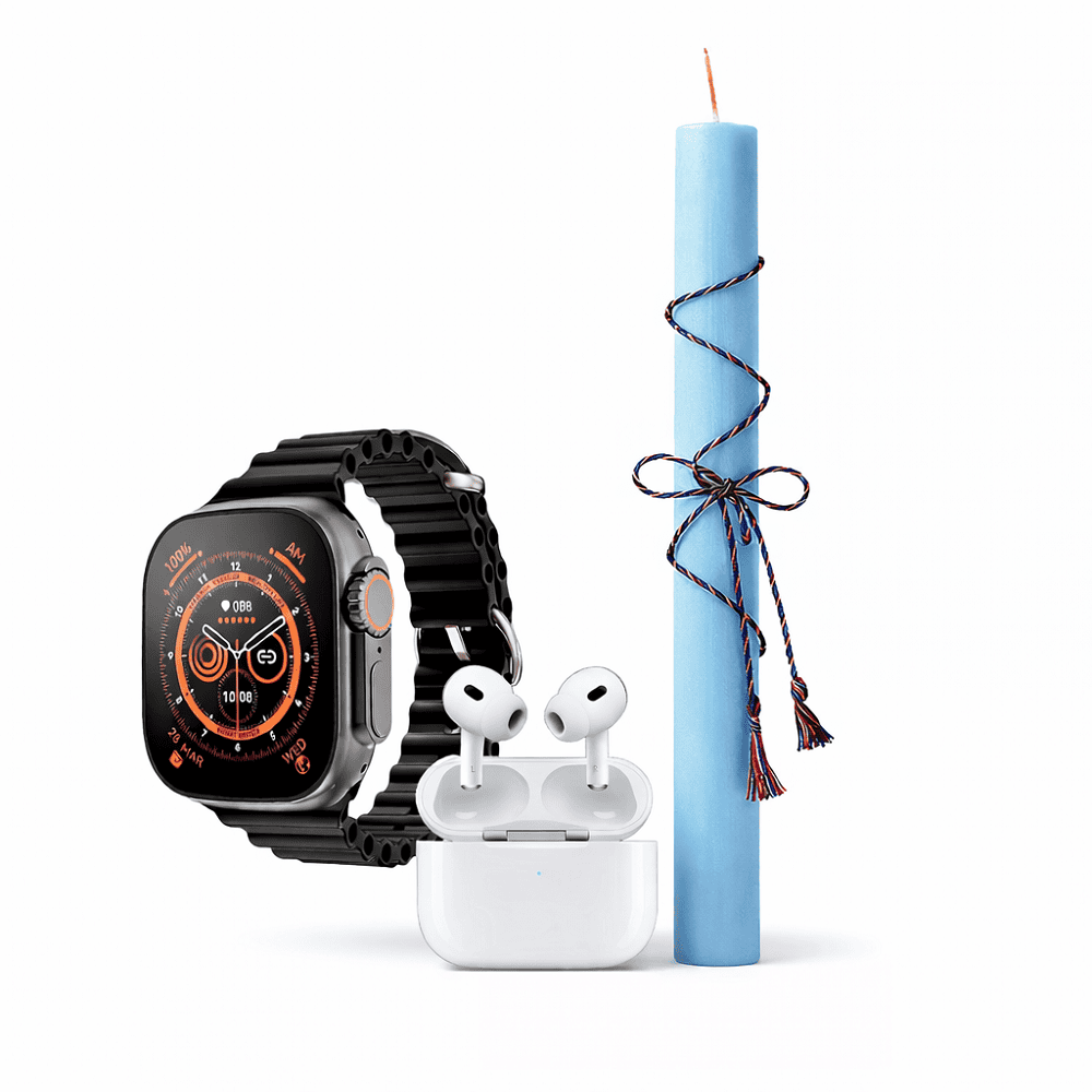 30-3 Σετ Πασχαλινής Λαμπάδας με Smartwatch Μαύρο Νέας Γενιάς, Ασύρματα Ακουστικά Bluetooth & 7 Λουράκια – Γαλάζια Λαμπάδα 30cm - Image 1