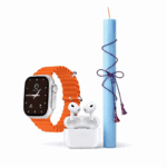 Σετ Πασχαλινής Λαμπάδας με Smartwatch Πορτοκαλί Νέας Γενιάς, Ασύρματα Ακουστικά Bluetooth & 7 Λουράκια – Γαλάζια Λαμπάδα 30cm