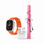 Σετ Πασχαλινής Λαμπάδας με Smartwatch Πορτοκαλί Νέας Γενιάς, Ασύρματα Ακουστικά Bluetooth & 7 Λουράκια – Ροζ Λαμπάδα 30cm