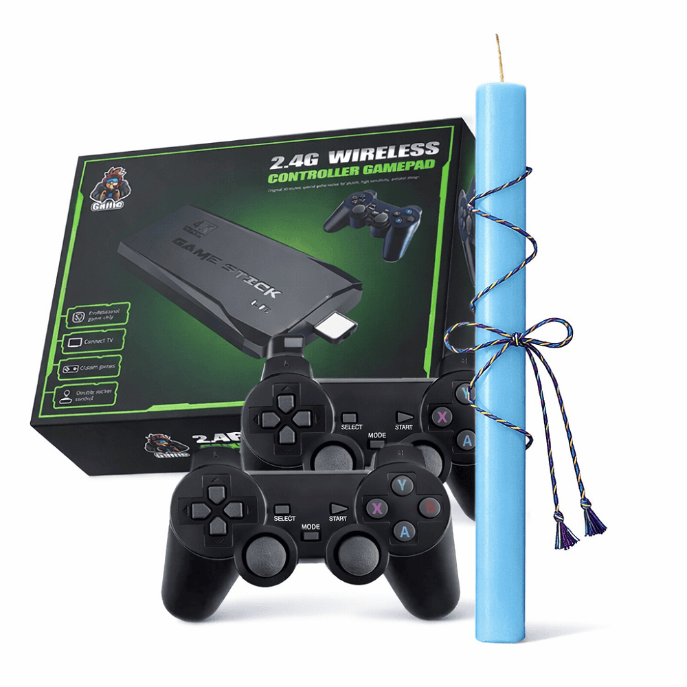 33 Σετ Πασχαλινής Λαμπάδας με Game Stick 4K Retro Console 20.000+ Παιχνίδια & 2 Ασύρματα Χειριστήρια + Γαλάζια Πλακέ Λαμπάδα 30cm - Image 1