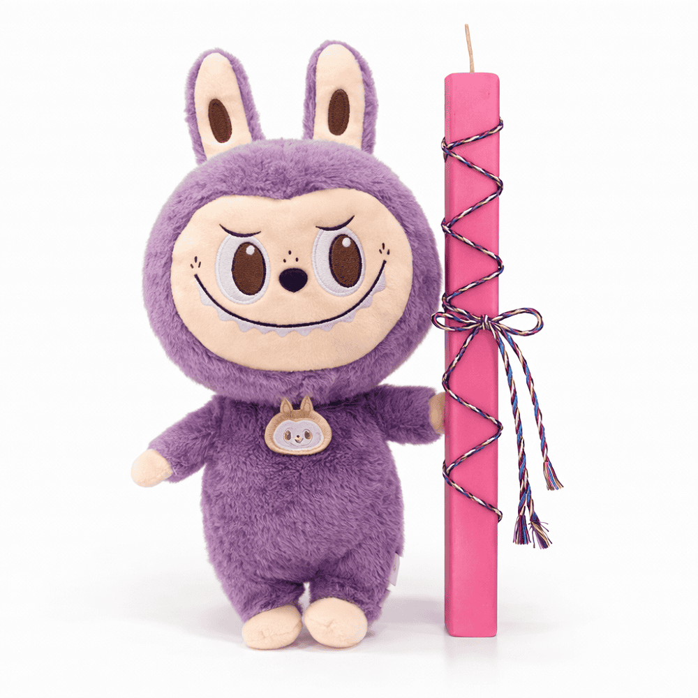 4-1 Σετ Πασχαλινής Λαμπάδας 30εκ με Labubu Μωβ & Ροζ Πλακέ Κερί - Image 1