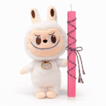 Σετ Πασχαλινής Λαμπάδας 30εκ με Labubu Λευκό & Ροζ Πλακέ Κερί